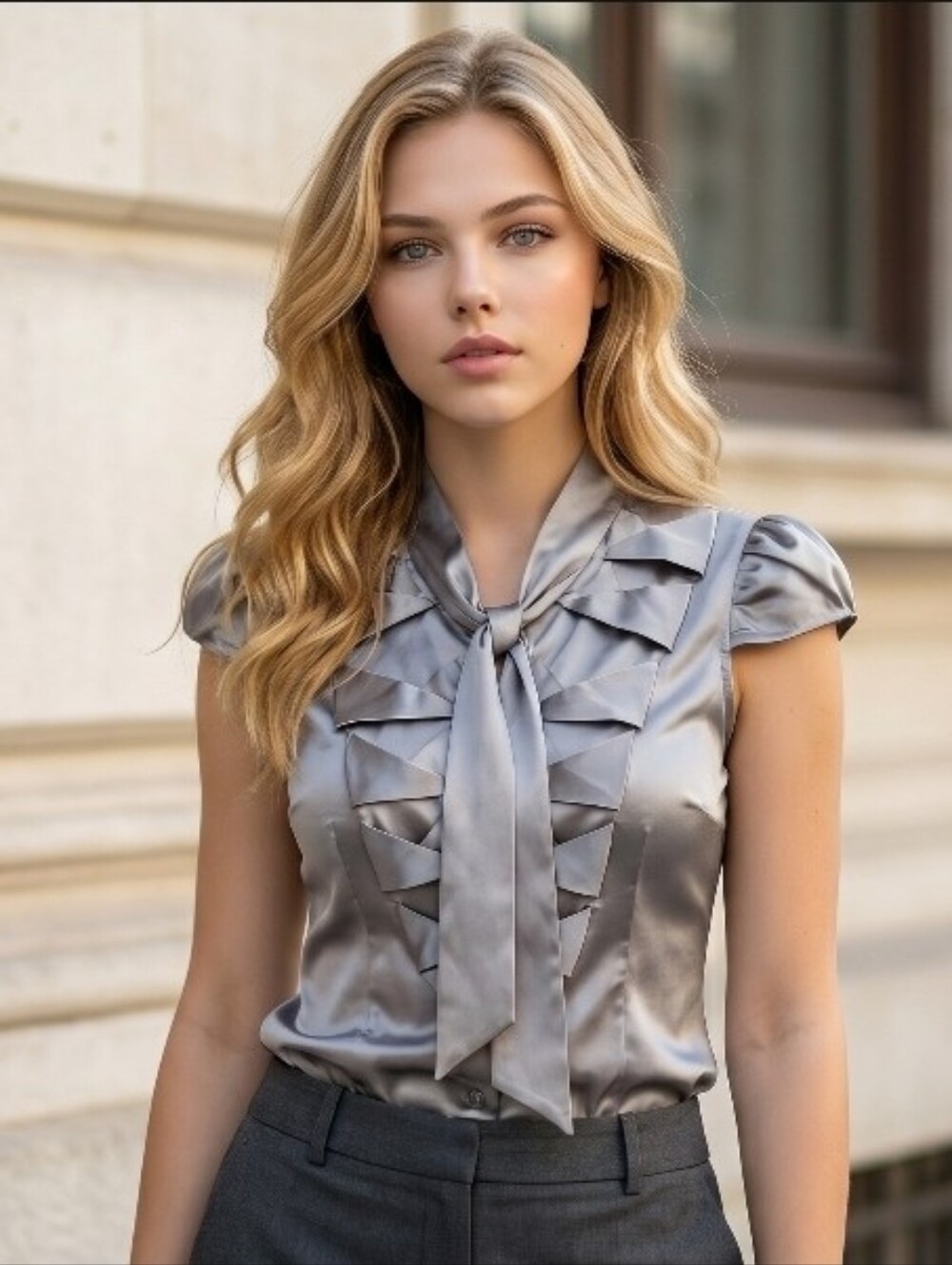 BCBGMaxAzria Grey Blouse with bow size XS